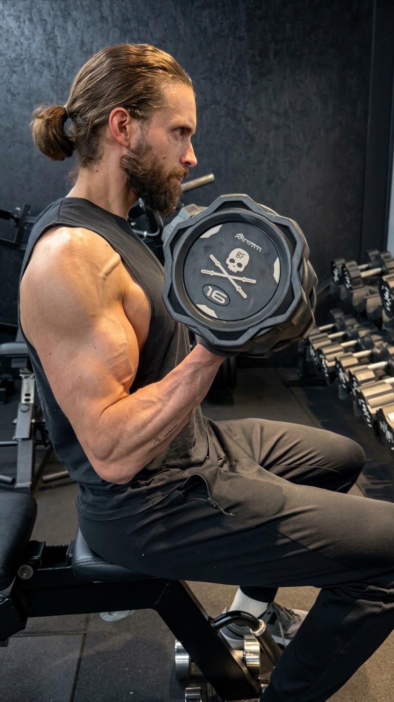 Luca Olivari durante un curl con manubrio