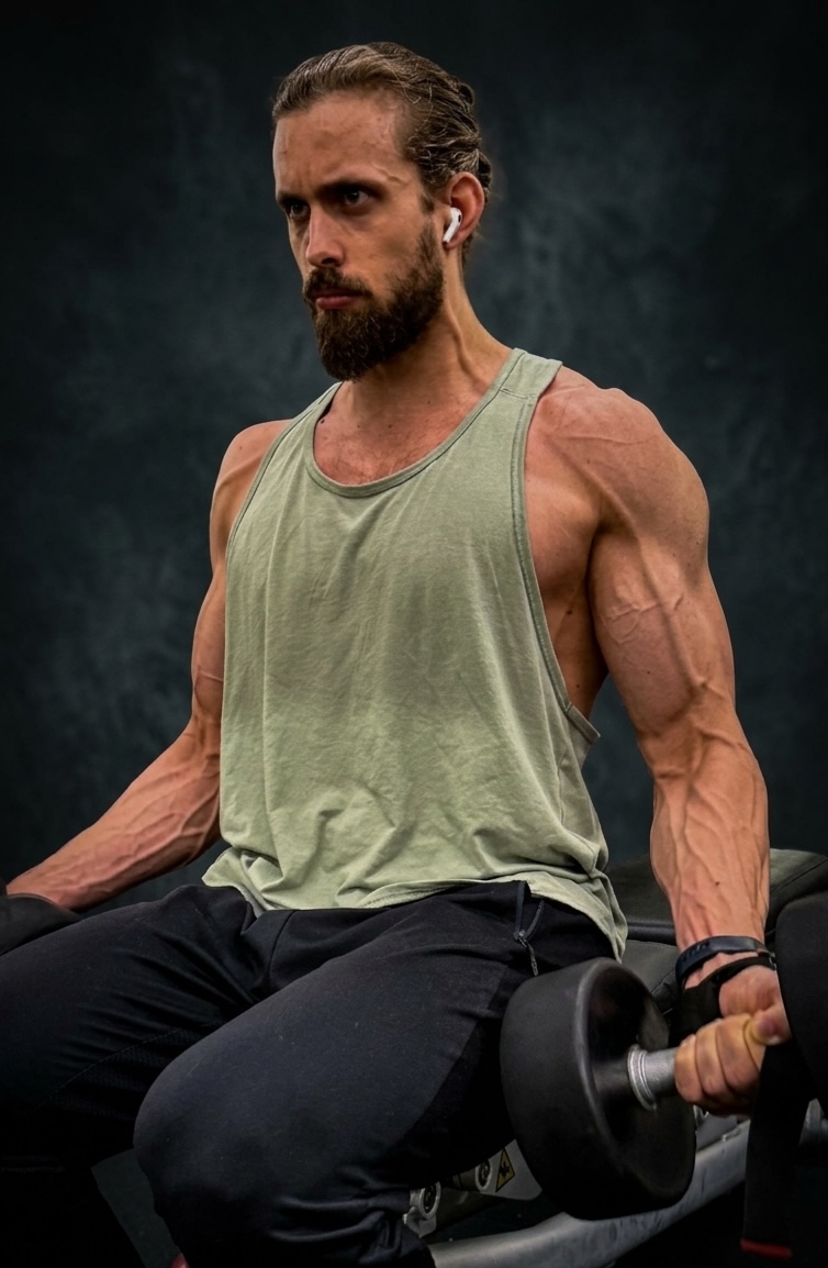 Luca Olivari, personal trainer, durante un curl con manubrio