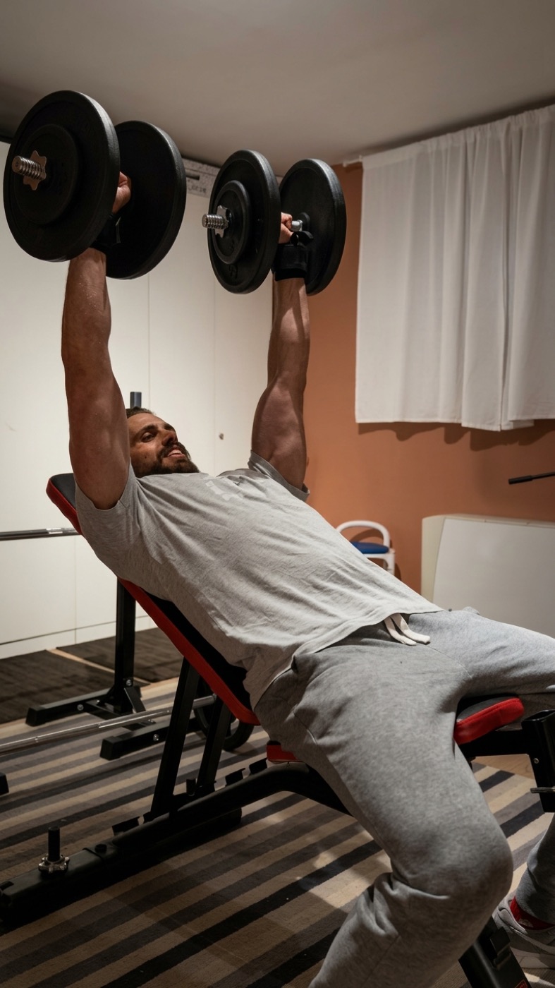 Luca Olivari con i manubri su panca inclinata nella sua home gym