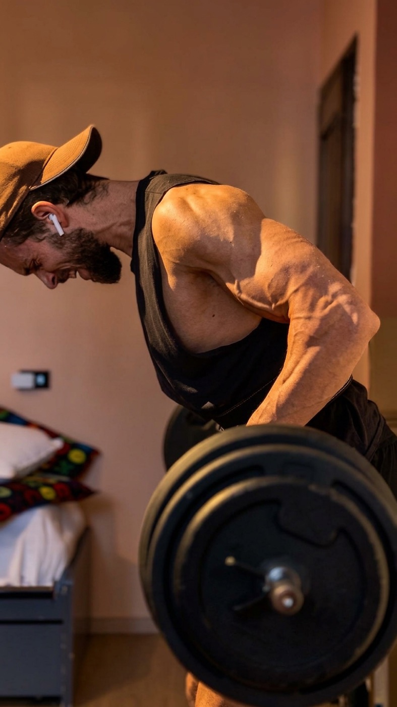 Luca Olivari durante un rematore con bilanciere nella sua home gym